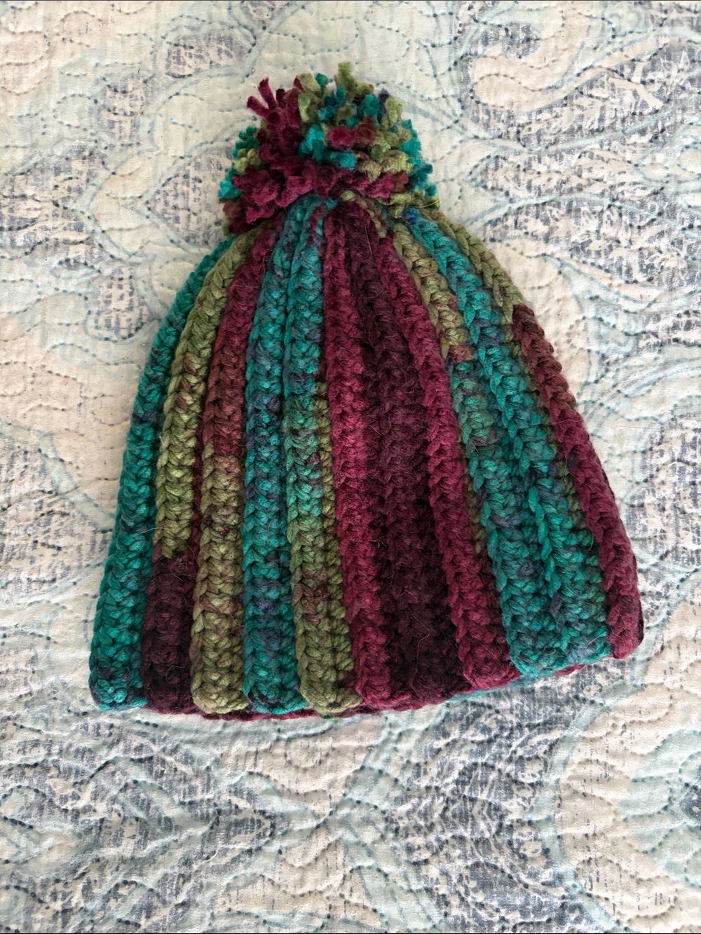 Handmade Crochet Pom Beanie in Teal, Olive & Burgundy